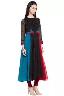 Black Embroidered Georgette Stitched Long Kurti