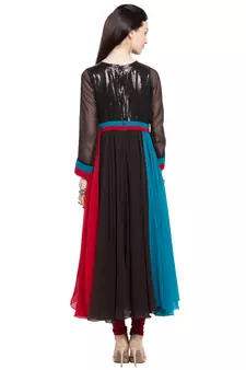 Black Embroidered Georgette Stitched Long Kurti