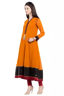 Mustard Embroidered Georgette Stitched Long Kurti