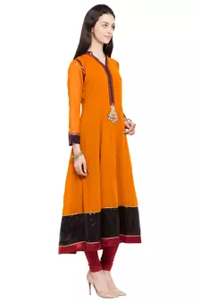 Mustard Embroidered Georgette Stitched Long Kurti