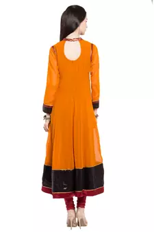 Mustard Embroidered Georgette Stitched Long Kurti