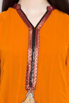 Mustard Embroidered Georgette Stitched Long Kurti