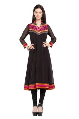 Black Printed Georgette Stitched Long Kurti 1