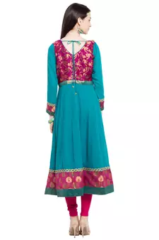 Blue Printed Georgette Stitched Long Kurti