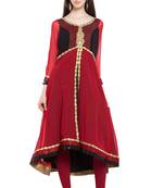 Red Embroidered Georgette Stitched Long Kurti