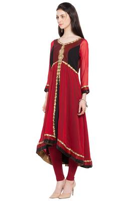 Red Embroidered Georgette Stitched Long Kurti 3