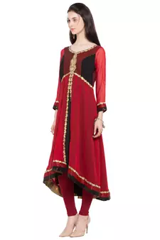 Red Embroidered Georgette Stitched Long Kurti