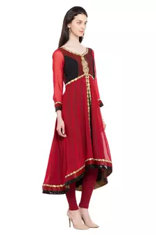 Red Embroidered Georgette Stitched Long Kurti