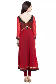 Red Embroidered Georgette Stitched Long Kurti