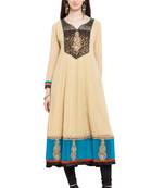 Beige Embroidered Georgette Stitched Long Kurti