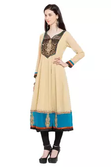 Beige Embroidered Georgette Stitched Long Kurti