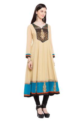Beige Embroidered Georgette Stitched Long Kurti 4
