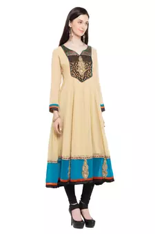 Beige Embroidered Georgette Stitched Long Kurti