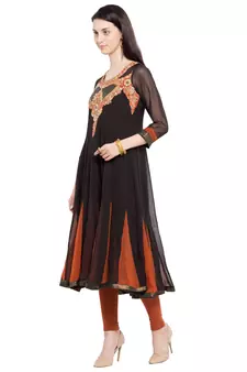Black Embroidered Georgette Stitched Long Kurti