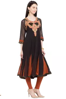 Black Embroidered Georgette Stitched Long Kurti
