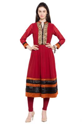 Red Embroidered Georgette Stitched Long Kurti 1