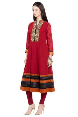 Red Embroidered Georgette Stitched Long Kurti 3