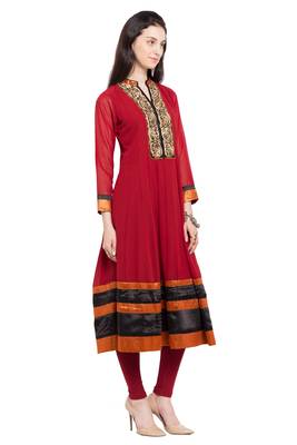 Red Embroidered Georgette Stitched Long Kurti 4