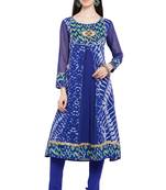 Blue Printed Georgette Stitched Long Kurtis