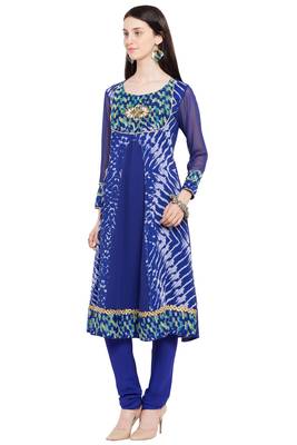 Blue Printed Georgette Stitched Long Kurtis 3
