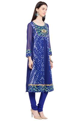 Blue Printed Georgette Stitched Long Kurtis 4