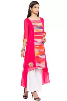 Pink Printed Georgette Stitched Long Kurti