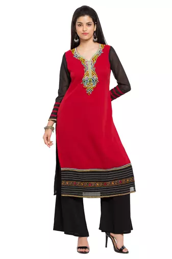 Red Embroidered Georgette Stitched Long Kurti
