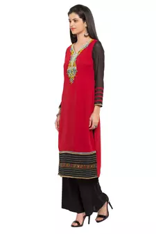 Red Embroidered Georgette Stitched Long Kurti