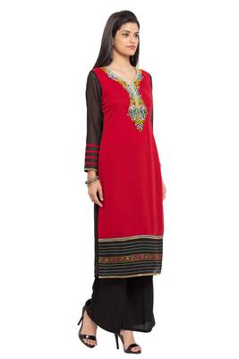 Red Embroidered Georgette Stitched Long Kurti 4