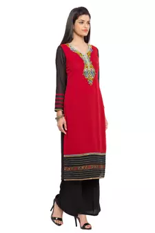 Red Embroidered Georgette Stitched Long Kurti
