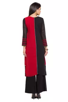 Red Embroidered Georgette Stitched Long Kurti