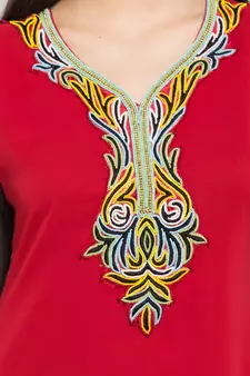 Red Embroidered Georgette Stitched Long Kurti