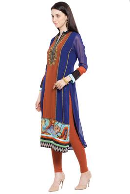 Blue Embroidered Georgette Stitched Long Kurti 3