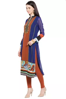 Blue Embroidered Georgette Stitched Long Kurti
