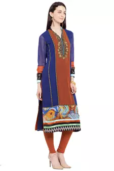 Blue Embroidered Georgette Stitched Long Kurti