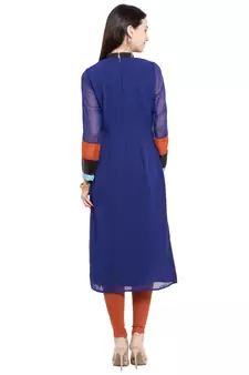 Blue Embroidered Georgette Stitched Long Kurti