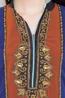 Blue Embroidered Georgette Stitched Long Kurti