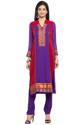 Purple Embroidered Georgette Stitched Long Kurti 1