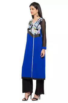 Blue Printed Georgette Stitched Long Kurti