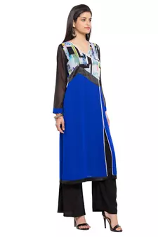 Blue Printed Georgette Stitched Long Kurti