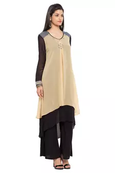 Brown Plain Georgette Stitched Long Kurti
