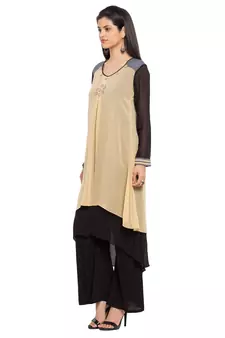 Brown Plain Georgette Stitched Long Kurti