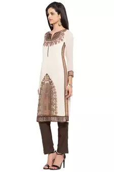 White Embroidered Georgette Stitched Long Kurti