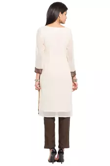 White Embroidered Georgette Stitched Long Kurti