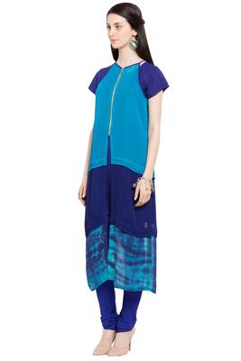 Blue Plain Georgette Stitched Long Kurti 4