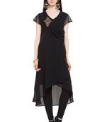 Black Embroidered Georgette Stitched Long Kurti