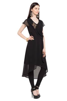Black Embroidered Georgette Stitched Long Kurti 3