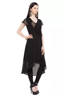 Black Embroidered Georgette Stitched Long Kurti