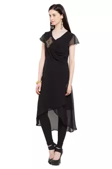 Black Embroidered Georgette Stitched Long Kurti