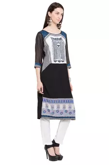 Black Printed Cotton Stitched Long Kurti